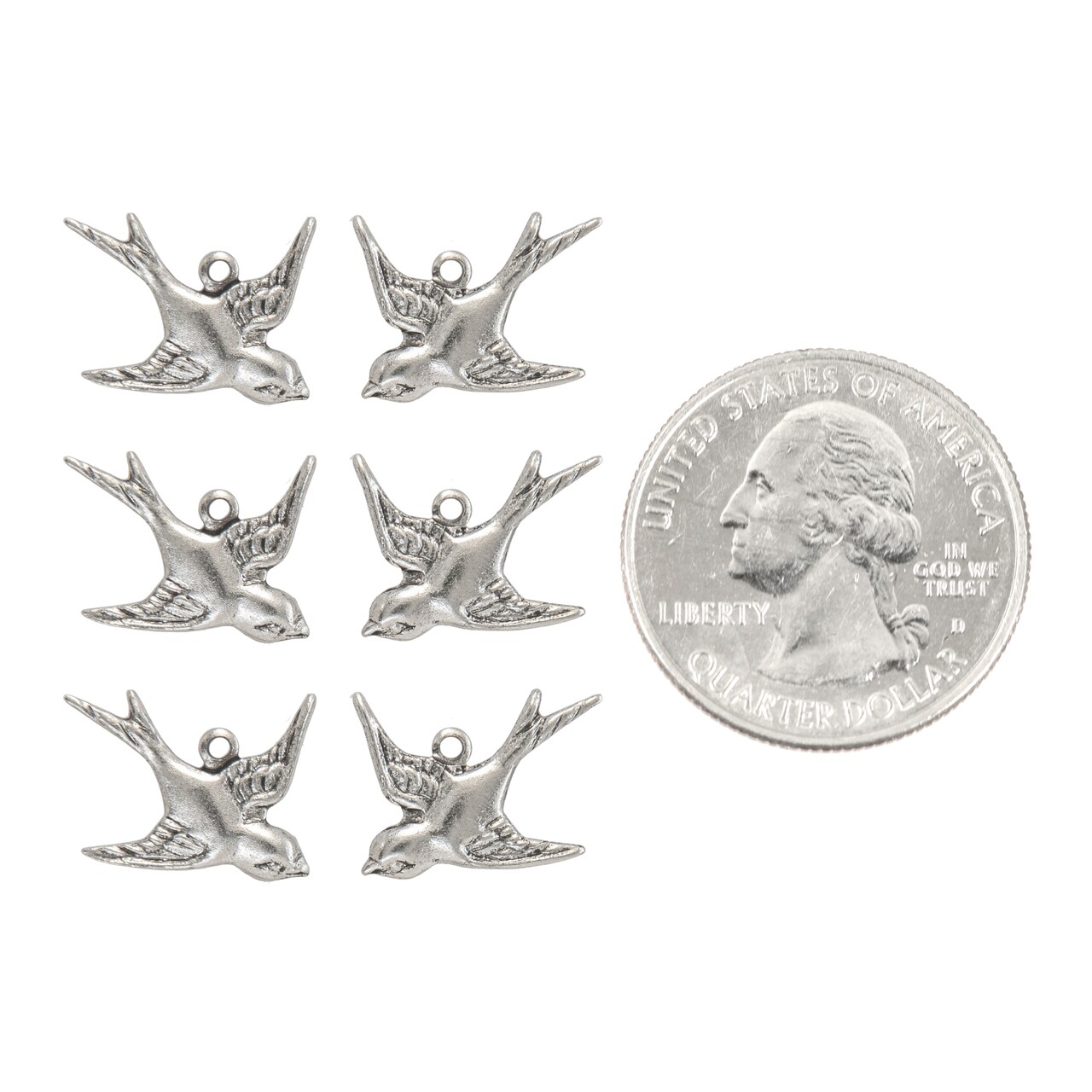 Antiqued Pewter Plated Brass Flying Sparrow Charms, Set of Six - *P-C03
